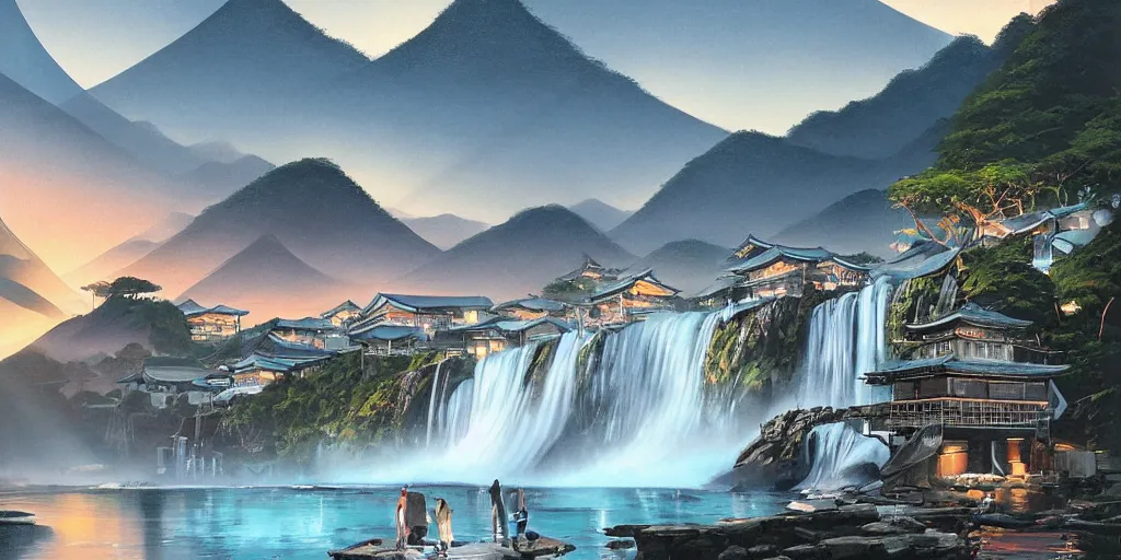 Prompt: beautiful waterfall between lush mountains late at night casting rays of light into japanese fishing village below, highly detailed, modern architecture, sharp focus, artgerm, cgsociety, desaturated by syd mead