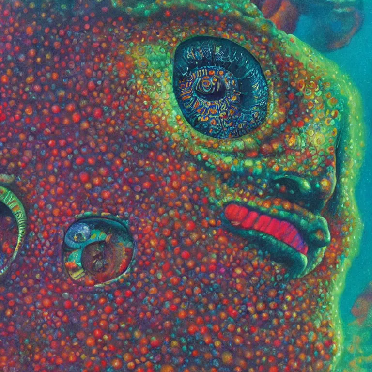 Image similar to Hyperrealistic intensely colored close up studio Photograph portrait of a deep sea bioluminescent Jon Hamm covered in chromatophores and scales, symmetrical face realistic proportions eye contact, Staring intensely with golden eyes sitting on a Rock underwater, award-winning portrait oil painting by Norman Rockwell and Zdzisław Beksiński vivid colors high contrast hyperrealism 8k