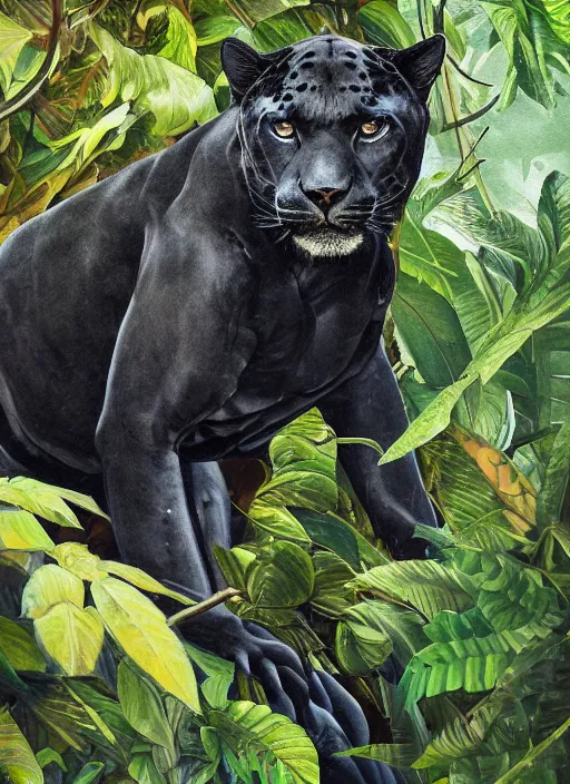 Image similar to a beautiful painting portrait of a black jaguar surrounded by the leaves of the jungle, highly detailed close up, fantasy art, matte painting