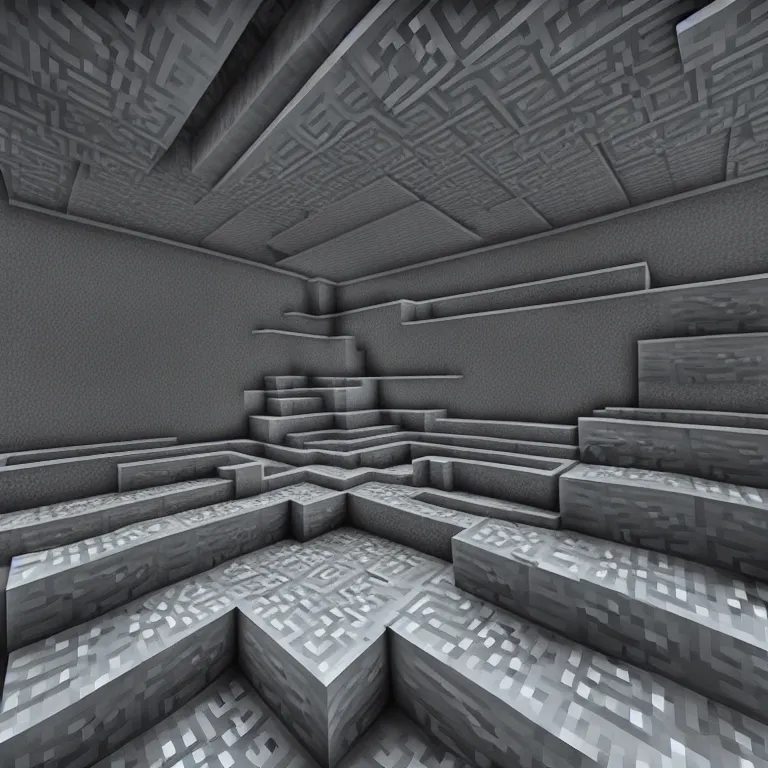 Image similar to Concrete gray multi-layered underground structure with multiple floors and a plus-shaped cleft in the center. Inside view, minecraft style, layers, straight lines, corners, high detailed, details, ultra realistic, photorealism, 8k, wide shot, symmetrical, render, brutalism, ray of light, architecture, volumetric lighting, cinematic, shadows