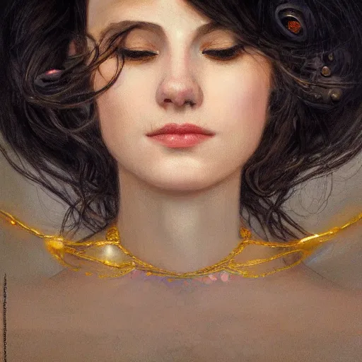 Image similar to portrait of a smiling, beautiful, pale skin european female with long black hair, dark brown eyes, elegant clothing, photorealistic, highly detailed, artstation, smooth, sharp focus, gold ornaments, neon lighting, sci - fi, art by gustav klimt, artgerm, greg rutkowski and alphonse mucha