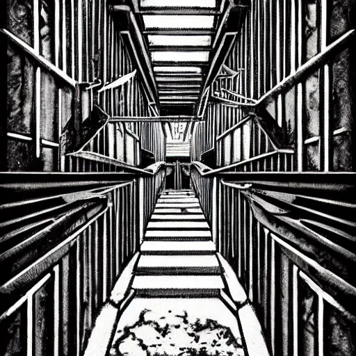 Image similar to a terrifying dark hallway with many doors and many stairs, impending doom, horror, Mc Escher architecture, epic composition, anime key visual