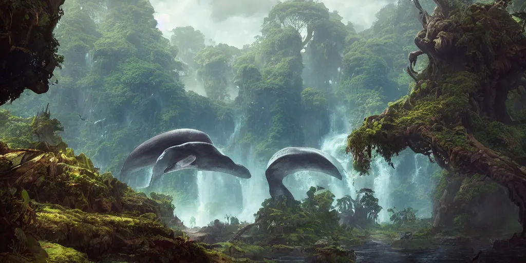 Prompt: Fantasy overgrown world , planet, giant whale floating, waterfalls, ancient tree, Greg Rutkowski, Frank Frazetta, Kim Jung Gi, trending on Artstation, 8K, ultra wide angle, pincushion lens effect.