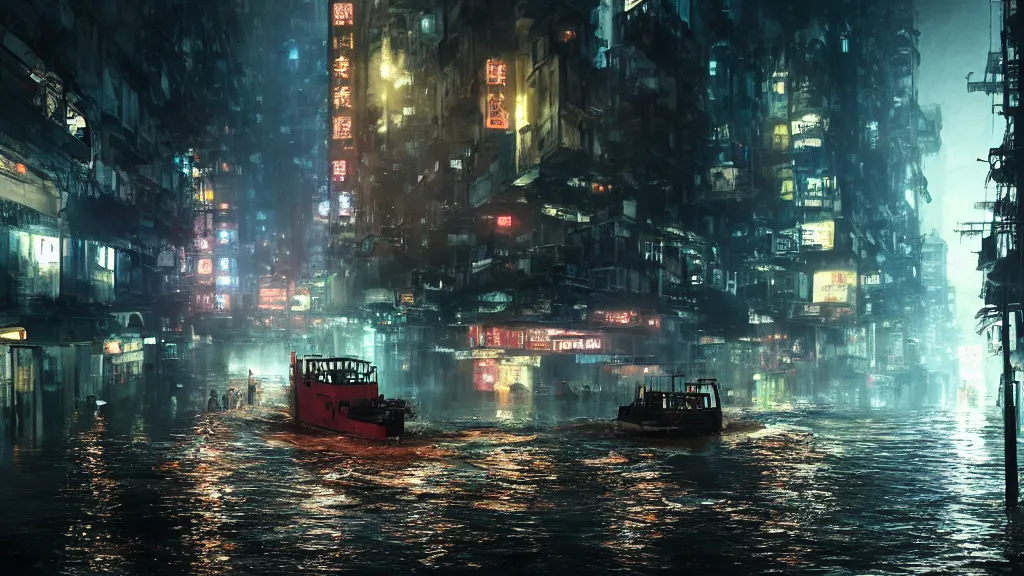 Image similar to dramatic Photorealistic, Matte Painting of a tug boat with bright head lights exploring post apocalyptic flooded Hong Kong city street at night,dark Tall buildings by Greg Rutkowski,Craig Mullins,Hyperrealism,Beautiful dramatic moody lighting,Cinematic Atmosphere,Volumetric,VRay Rendering,8K