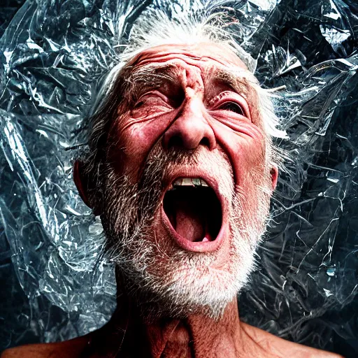 Image similar to a photographic portrait of a rugged elderly man, screaming, behind plastic wrap by Martin Schoeller