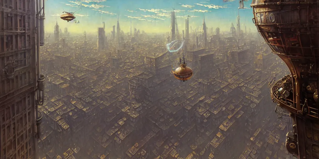 Image similar to steampunk airship above a busy city, exquisite details, denoised, mid view, by norman rockwell, karl kopinski, artsation, greg rutkowski, makoto shinkai, takashi takeuchi, studio ghibli