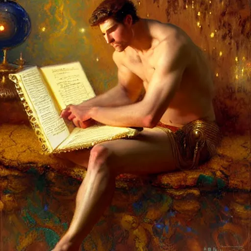 Prompt: stunning male god making akashic records, highly detailed painting by gaston bussiere, craig mullins, j. c. leyendecker, 8 k