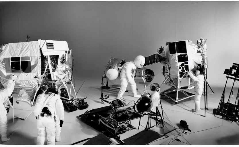 Prompt: Behind the scenes photos of the faked Apollo 11 Lunar landing on a Hollywood sound stage directed byStanley Kubrick. Leica IIIc, 70mm. Black and white