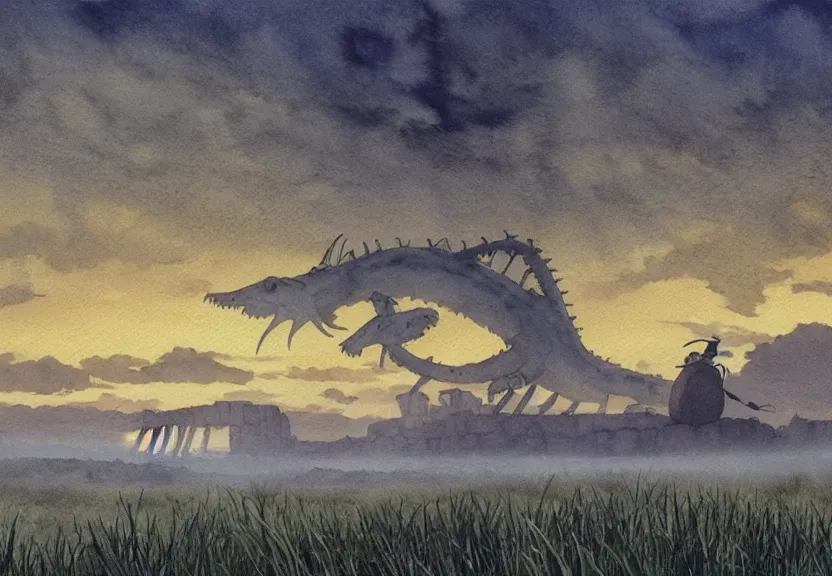 Image similar to a hyperrealist watercolor concept art from a studio ghibli film showing a giant grey mechanized crocodile from howl's moving castle ( 2 0 0 4 ). stonehenge is under construction in the background, in the rainforest on a misty and starry night. by studio ghibli