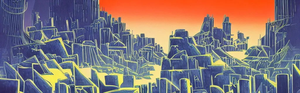 Image similar to doomsday, ruins of the city, blue and white tones, animated film, stylised, illustration, by eyvind earle, scott wills, genndy tartakovski