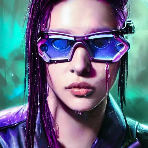 Prompt: very detailed masterpiece painting of a very beautiful wet young mexican cyberpunk woman with blue shutter shades, shaved one side haircut, dark purple hair, purple leather jacket, closeup, cyberpunk background, purple lighting, raining, portrait, artstation, concept art by greg rutkowski
