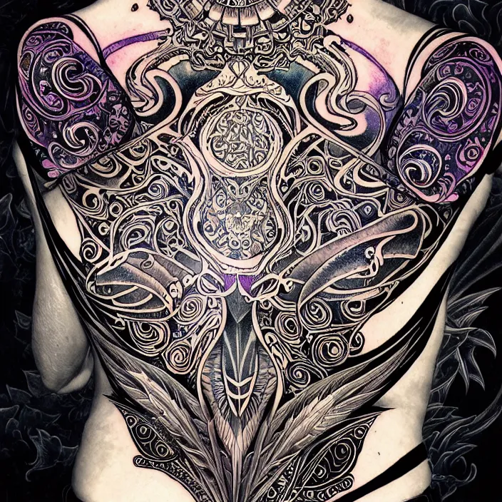 Image similar to extremely psychedelic tattoo design made of cressent moon and black bird, LSD tattoo design, diffuse lighting, fantasy, intricate, elegant, highly detailed, lifelike, photorealistic, digital painting, artstation, illustration, concept art, smooth, sharp focus, art by John Collier and Albert Aublet and Krenz Cushart and Artem Demura and Alphonse Mucha