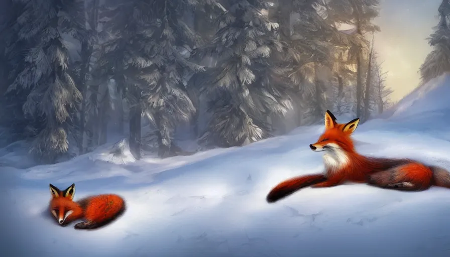 Prompt: fox on fire sleeping on the snow in the forest, snowing, hyperdetailed, artstation, cgsociety, 8 k