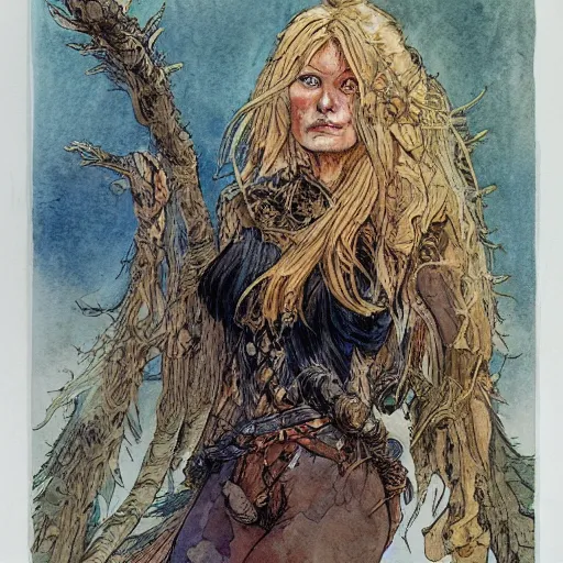 Image similar to a realistic and atmospheric watercolour fantasy character concept art portrait of brigitte bardot as a druidic warrior wizard looking at the camera with an intelligent gaze by rebecca guay, michael kaluta, charles vess and jean moebius giraud