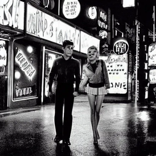 Prompt: Archie Andrews and Betty Cooper in an alley with neon signs, movie still from Blade Runner