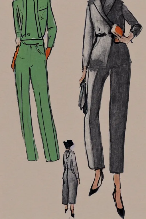 Image similar to a detailed fashion illustration of a midcentury hostess outfit with pants