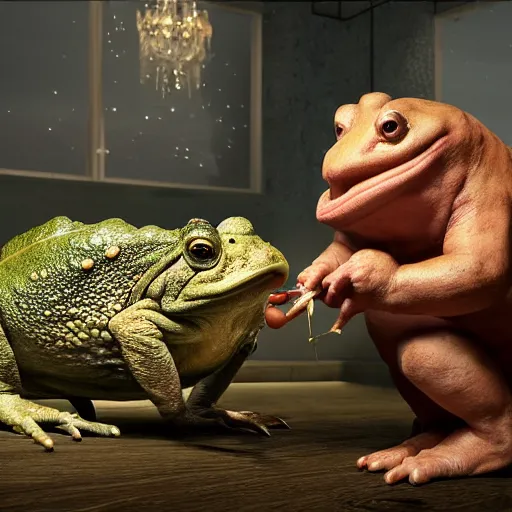 Prompt: Alex Jones and a big toad having a romantic meal, hyper realistic, dynamic pose, high detail, octane render, unreal engine, 8k, fantasy art, highly detailed, dramatic lighting, concept art