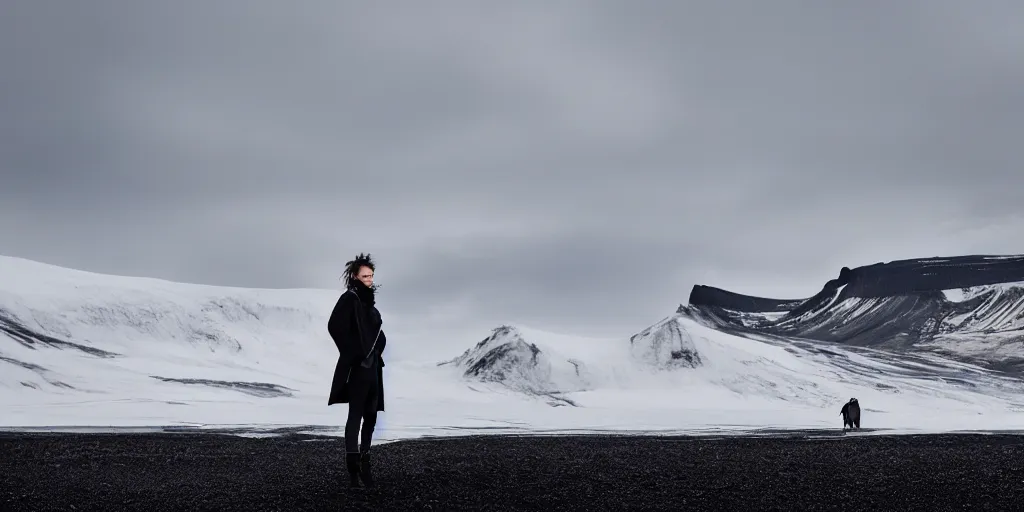 Prompt: iceland landscape photography, portrait of model in comme des garcon deconstructed black ice coat by lurie belegurschi and gunnar freyr