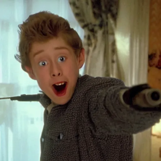 Image similar to kevin from home alone movie pointing gun at his head 4k still shot from