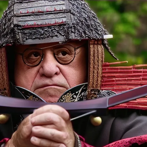 Image similar to cinematic shot of Danny Devito wearing samurai armor and holding a katana in a japanese village, 8k, highly intricate, highly detailed, depth of field, epic,