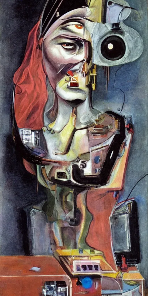 Prompt: painting of a super intelligent computer being born out of the top of the head of a beautiful androgynous cyborg by francis bacon