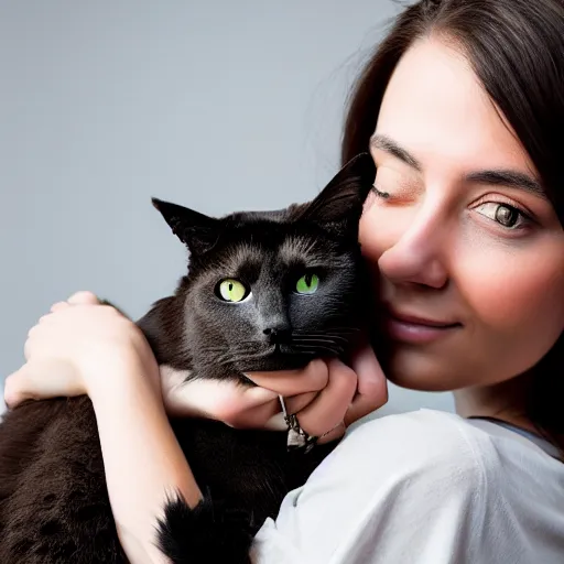 Prompt: a photo of a beautiful young woman holding a cat, ultra high detail, 8 k, award winning photograph.