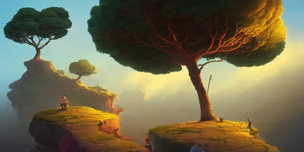 Image similar to a lonely cobblestone street with a tree on a cliff over the sea at sunset, brightly illuminated by rays of sun, by Goro Fujita and Simon Stalenhag , 8k, trending on artstation, hyper detailed, cinematic