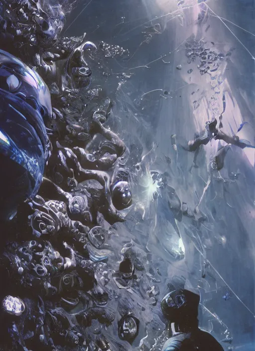 Image similar to astronauts in dark void underwater - complex and hyperdetailed technical suit. reflection and dispersion materials. rays and dispersion of light. volumetric light. f / 3 2. noise film photo. flash photography. ultra realistic, wide angle. poster by wayne barlowe, hajime sorayama aaron horkey, craig mullins