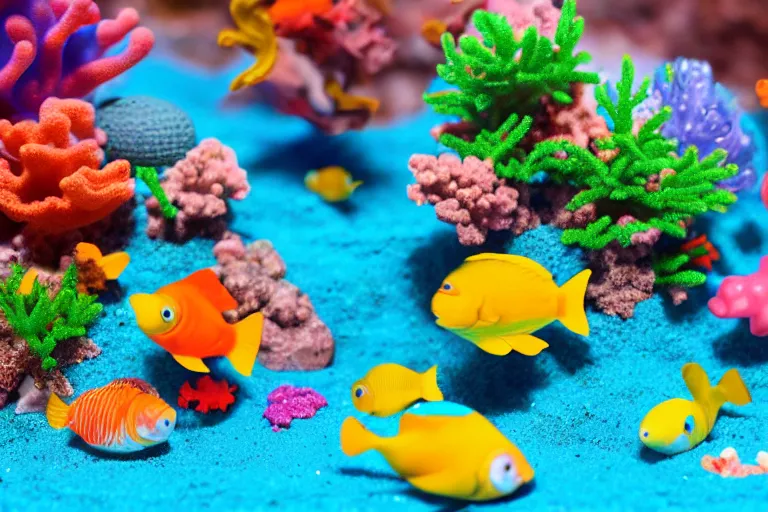 Image similar to fisher price coral reef, california scene from tv show hyper detailed 5 5 mm 8 5 mm, toy photography, made out of plastic