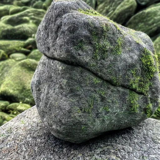 Image similar to a grey mossy rock with the face of dwayne johnson, shot on iphone 1