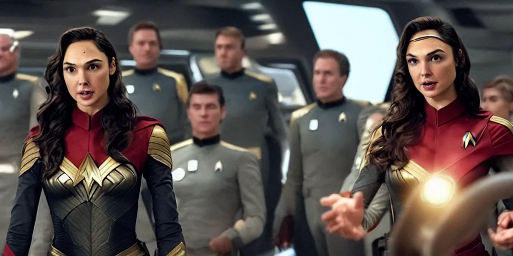 Image similar to Gal Gadot, in Starfleet uniform, in the role of Captain Kirk, with lots of Tribbles everywhere