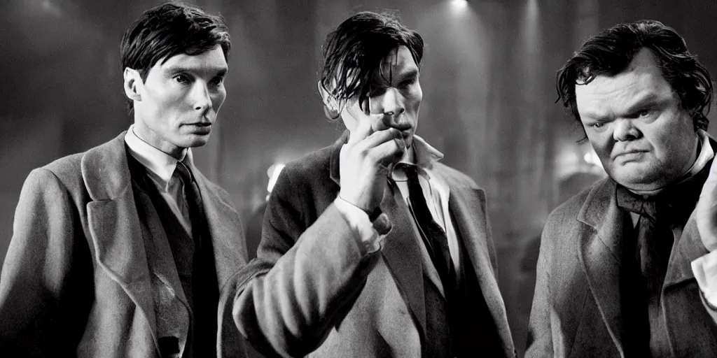 Image similar to two characters : cillian murphy and orson welles. volumetric lighting, cinematic, dark, grim. directed by coen brothers.