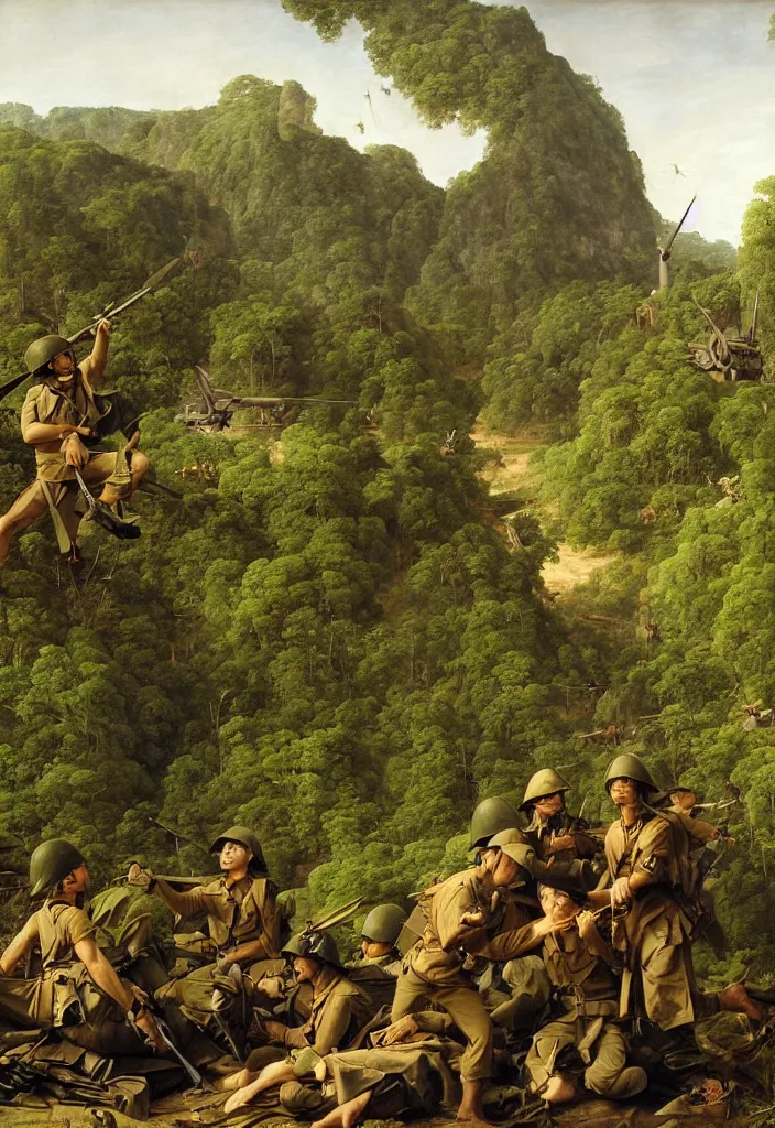 Image similar to vietnam war portrait by jacques - louis david, green jungle, helicopters, battlefield, tanks