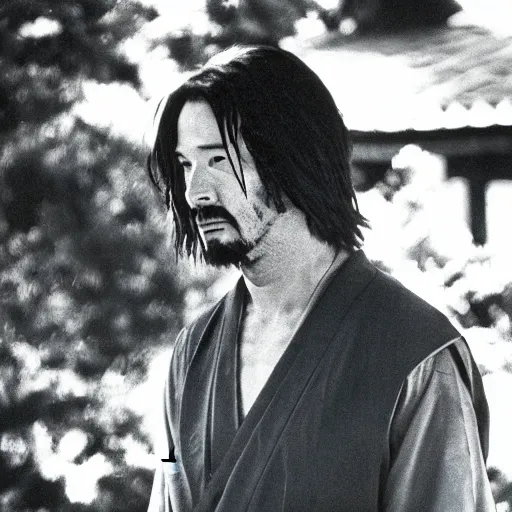 Image similar to cinematic film still of Keanu Reeves starring in a Steven Spielberg film as A Japanese Samurai at a temple, 1999, shallow depth of field, photograph, natural lighting