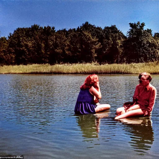 Image similar to color photograph from the sixties of people sitting by a lake in summer looking at a nuclear explosion, faded colors, light leaks