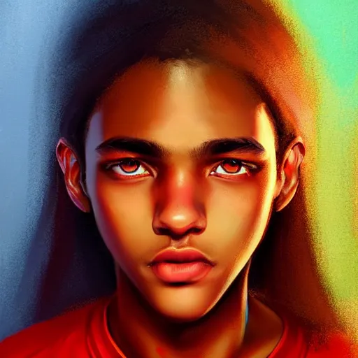 Image similar to colorful and festive captivating teenager with straight brown hair covering his eye, dark skin, big lips, big eyes, wearing a red t - shirt. rich vivid colors, ambient lighting, dynamic lighting, 4 k, atmospheric lighting, painted, intricate, highly detailed by charlie bowater