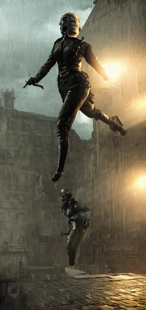 Prompt: annie leonhart in dunwall city wearing corvo attano mask and recon corps uniform running on a gothic house roof, redshift render, cinematic lighting, rainy weather, melancholy atmosphere, dunwall city, volumetric light, octane render, dishonored game, dishonored 1, gothic architecture, realistic reflections, octane render 8 k