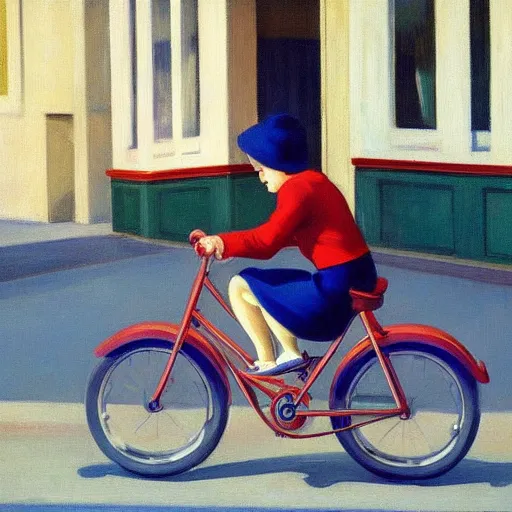 Image similar to young puppy riding a bike in paris. edward hopper. faithfully depicted, sharp focus, global illumination, radiant light, detailed and intricate environment, trending on artstation