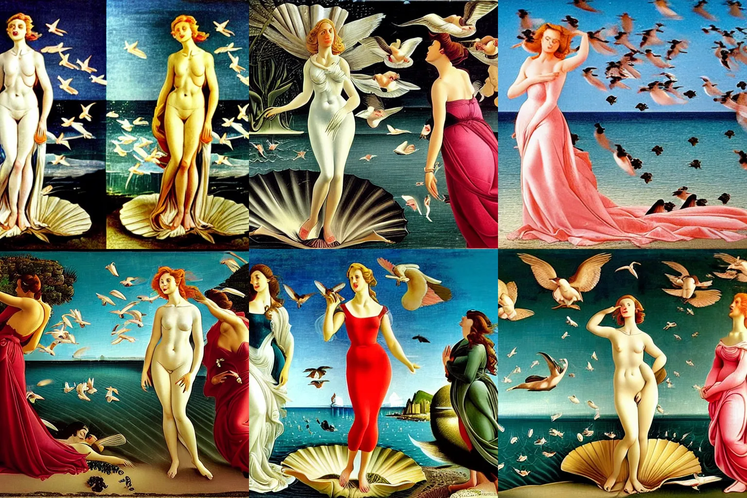 Prompt: a scene from the movie the birds of hitchcock in the style of the birth of venus ( ( ( botticelli ) ) ) where a swarm of birds attack grace kelly standing on a shell in front of the sea like venus in birth of venus. technicolor, cinematic, 5 0 mm