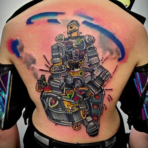 Prompt: backside on the shoulders is a tattoo of a hole in the skin with multicolored robotic mechanics and belts gears and motorparts inside under the skin, insanely integrate, 3 d