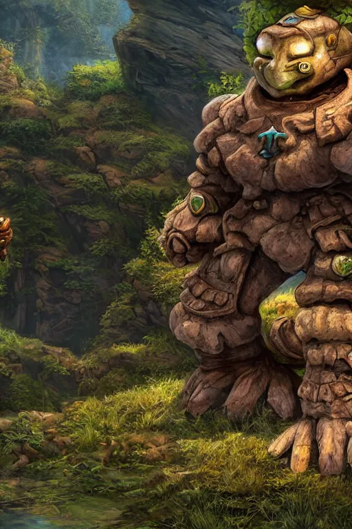 Image similar to zelda fantasy art giant golem troll wood rock greeble gemstone, global illumination ray tracing hdr fanart arstation by sung choi and eric pfeiffer and gabriel garza and casper konefal