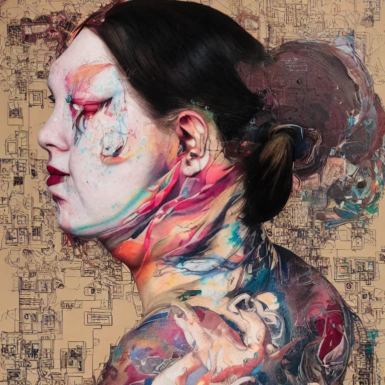 Prompt: portrait of a tportrait in profile of a cute fat girl tattoo arm sleeves pattern heavy bombers, circuitboard,, rich deep colors, ultra detail, by francis bacon, james ginn, petra courtright, jenny saville, gerhard richter, zdzisaw beksinsk, takato yamamoto. masterpiece, elegant fashion studio ighting 3 5 mm
