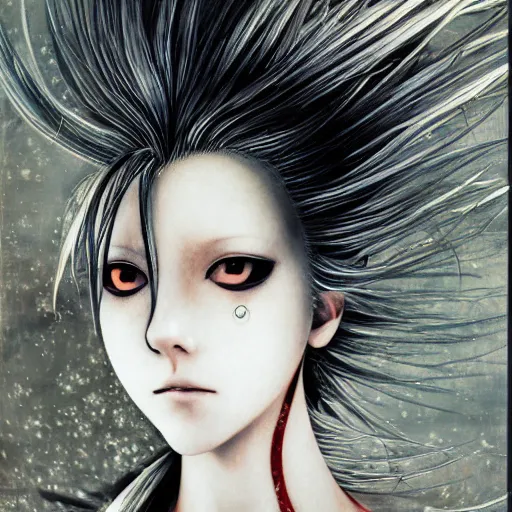 Image similar to Yoshitaka Amano realistic illustration of an anime girl with white hair and cracks on her face wearing dress suit with tie fluttering in the wind, abstract black and white patterns on the background, noisy film grain effect, highly detailed, Renaissance oil painting, weird portrait angle