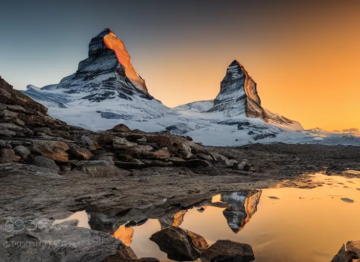 Image similar to photograph of the matterhorn, morning light, landscape photography, award winning, canon, soft lighting, sony, nikon, 4 k, hd