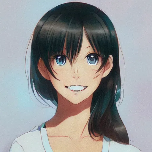 Prompt: A medium shot anime portrait of a happy brunette anime woman, a single short ponytail, parted brown hair, bare forehead, blue-eyed, blue eyes, thick eye brows, big round nose closed lips, wearing a t-shirt, solid blue background, by Stanley Artgerm Lau, WLOP, Rossdraws, James Jean, Andrei Riabovitchev, Marc Simonetti, and Sakimi chan, trending on artstation