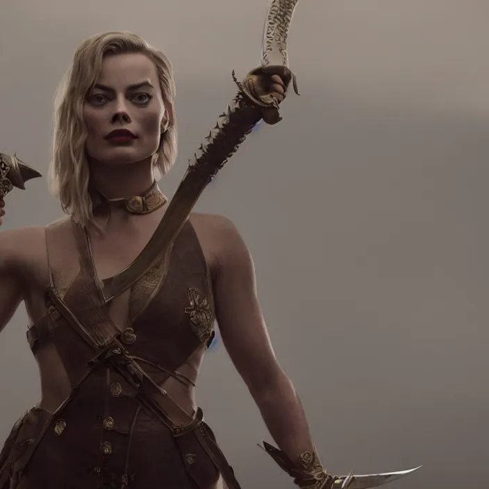 Image similar to margot robbie, broadsword in her hands, sword. very coherent symmetrical artwork. cinematic, high detail, octane render, 8 k