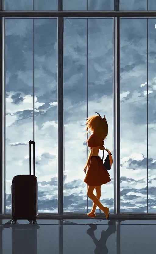 Prompt: a girl walking her luggage in front of the airport window, anime slice of life wallpaper, professional digital art, 4k ultra