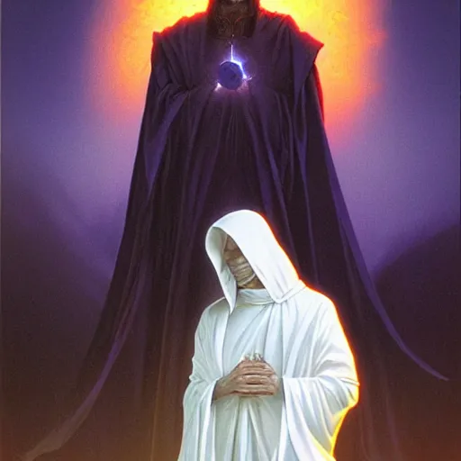 Image similar to A white robed cultist and a golden god in the darkness by Wayne Barlowe