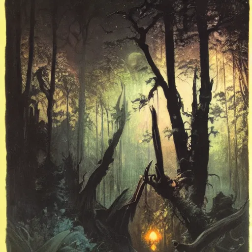 Prompt: enchanted forest at night, frank frazetta