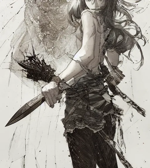 Image similar to full body portrait of anime yandere holding a knife, pen and ink, intricate line drawings, by craig mullins, ruan jia, kentaro miura, greg rutkowski, loundraw